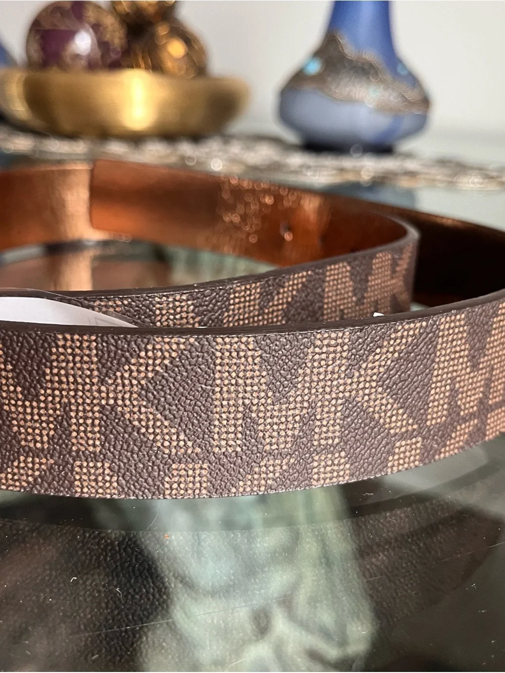 Michael Kors Brown Logo Belt with Gold MK Buckle